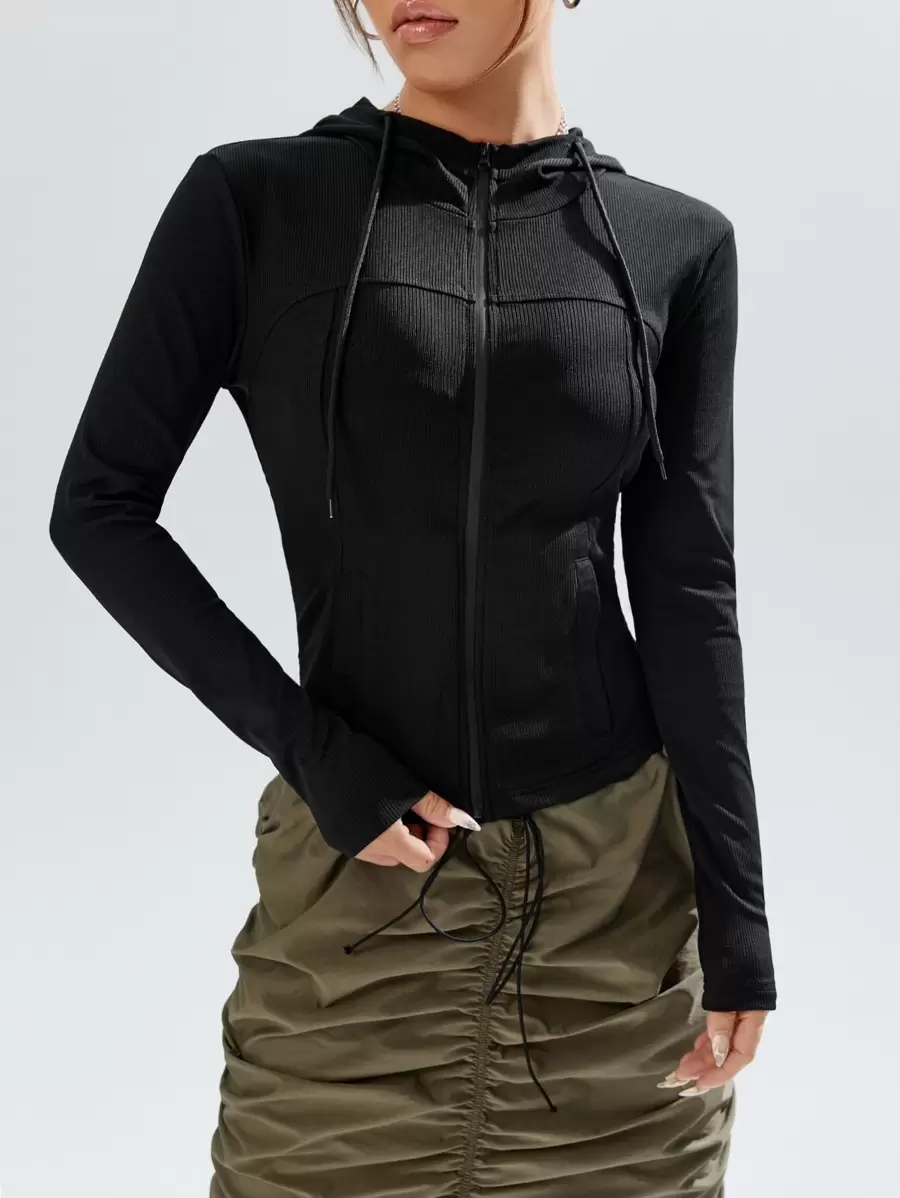 SHEIN EZwear Solid Zip Up Drawstring Hooded Jacket In Fall/Winter - Black - View 1