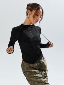 SHEIN EZwear Solid Zip Up Drawstring Hooded Jacket In Fall/Winter - Black - View 7