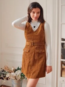 SHEIN Frenchy 補丁口袋腰帶燈芯絨洋裝