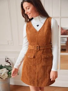 SHEIN Frenchy 補丁口袋腰帶燈芯絨洋裝