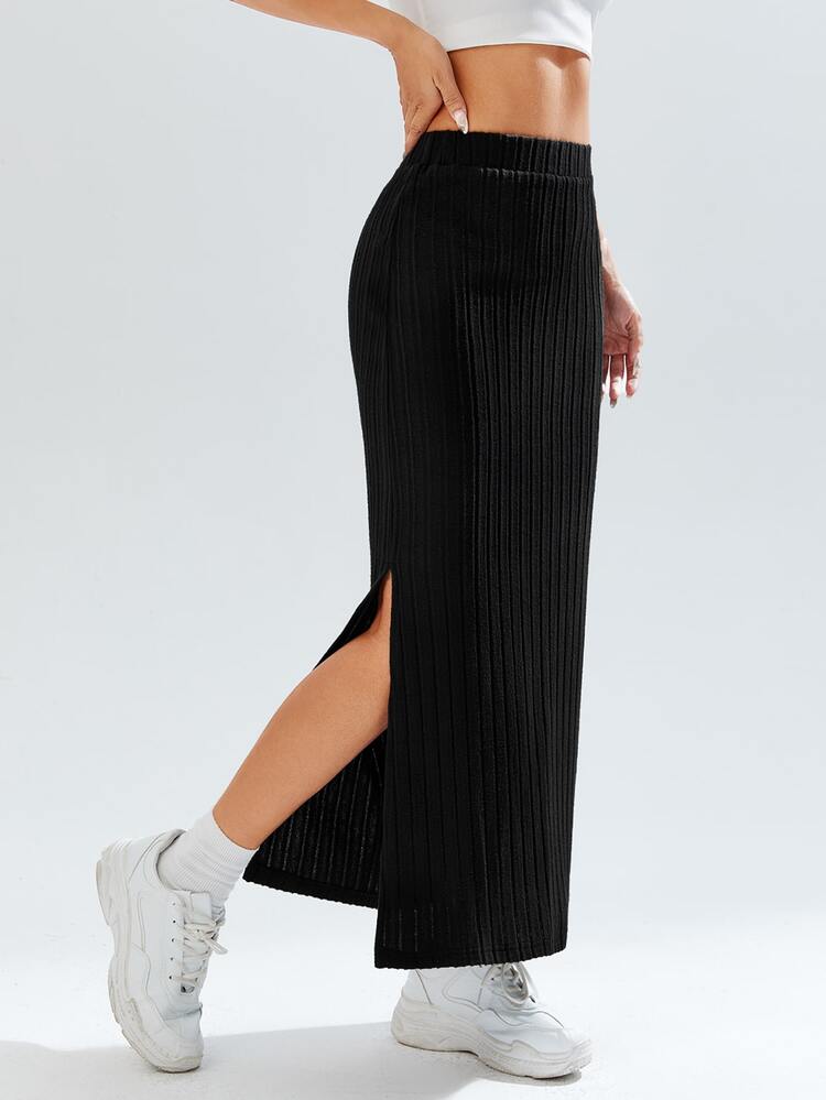 Muchica Casual Solid Color High Waist Side Slit Skirt - Black - View 1