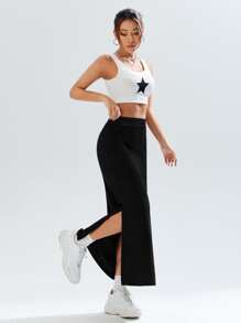 Muchica Casual Solid Color High Waist Side Slit Skirt - Black - View 3