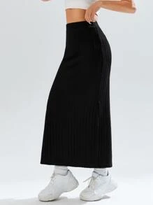 Muchica Casual Solid Color High Waist Side Slit Skirt - Black - View 5