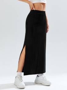 Muchica Casual Solid Color High Waist Side Slit Skirt - Black - View 6