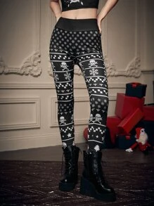 ROMWE Christmas Print Leggings - Black - View 4