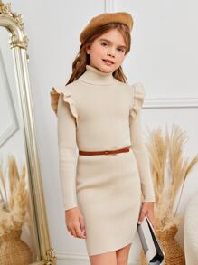 SHEIN 中小學女生高領荷葉邊毛衣裙,無腰帶款式 - 米色 - 查看 1