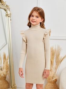 SHEIN 中小學女生高領荷葉邊毛衣裙,無腰帶款式 - 米色 - 查看 4