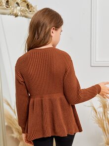 SHEIN Chicas Jersey tejido de canalé de hombros caídos peplum - Café integral - Ver 2