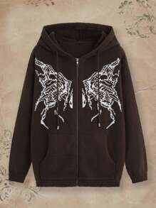 蝴蝶圖案拉鏈開襟口袋抽繩開襟衫 - 巧克力棕 - 查看 1