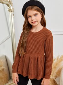 SHEIN Chicas Jersey tejido de canalé de hombros caídos peplum - Café integral - Ver 4