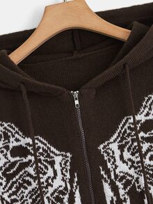 蝴蝶圖案拉鏈開襟口袋抽繩開襟衫 - 巧克力棕 - 查看 3