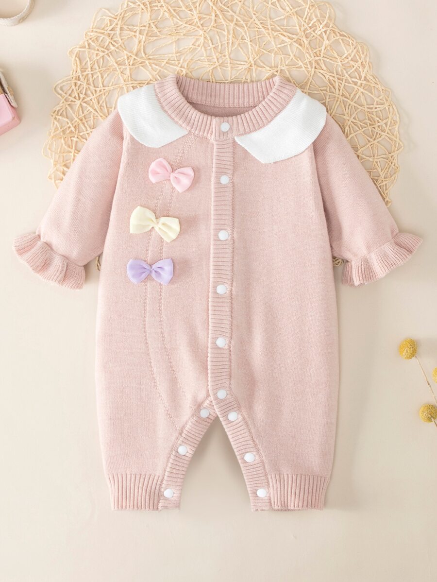 Baby Contrast Panel Bow Front Flounce Sleeve Knit Romper - Baby Pink - View 1