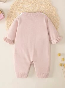 Baby Contrast Panel Bow Front Flounce Sleeve Knit Romper - Baby Pink - View 2