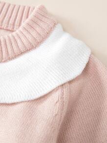 Baby Contrast Panel Bow Front Flounce Sleeve Knit Romper - Baby Pink - View 3