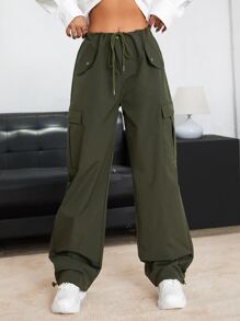 SHEIN EZwear Solid Drawstring Waist Cargo Trousers - Olive Green - View 1