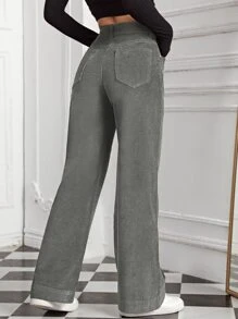 SHEIN EZwear 女士春季時尚高腰斜口袋灰色緞帶褲 - 灰色 - 查看 2