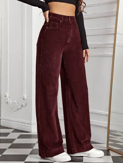 SHEIN EZwear Pantalones De Pana De Cintura Alta Con Bolsillo Sesgado De Color Marrón Rojizo