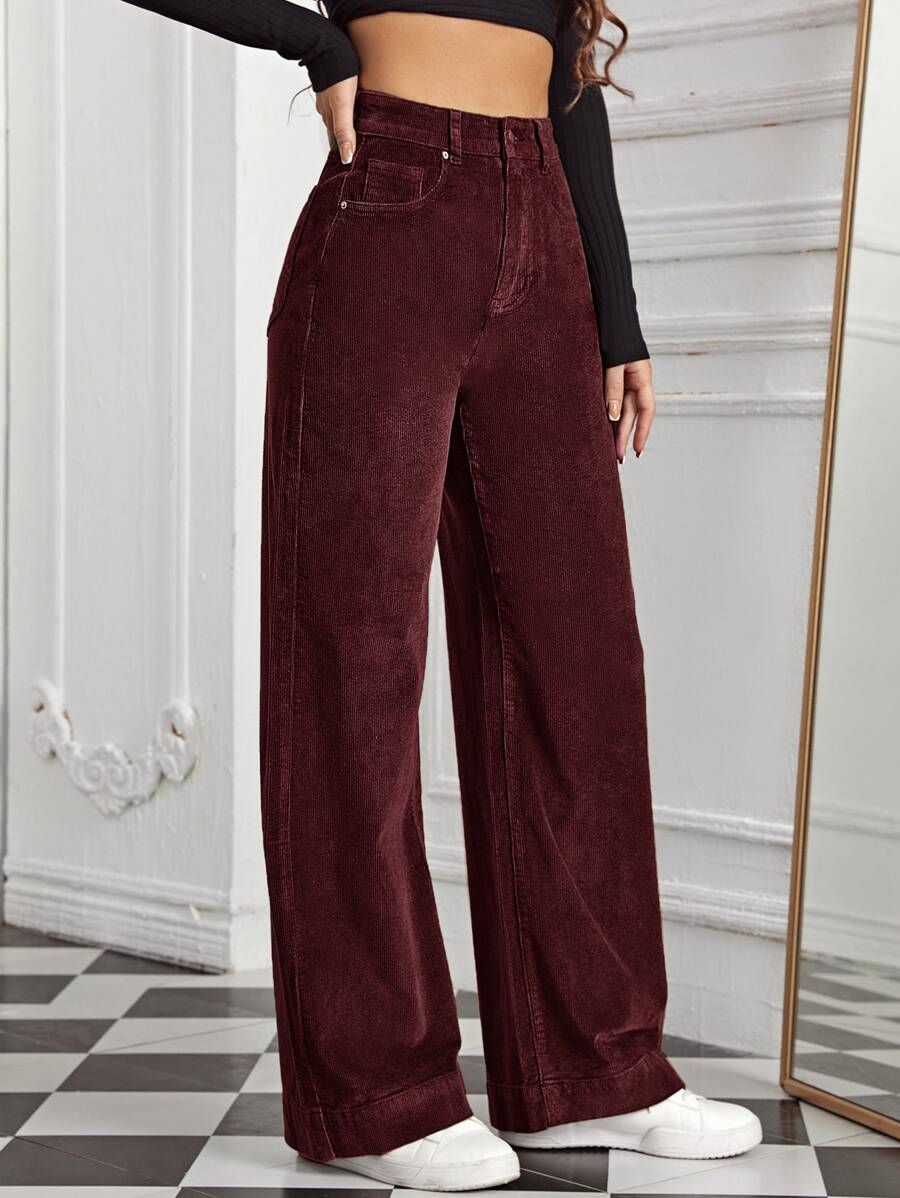 SHEIN EZwear High Waist Slant Pocket Cord Trousers - Maroon - View 1