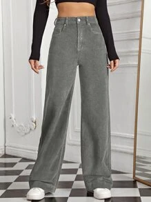 SHEIN EZwear 女士春季時尚高腰斜口袋灰色緞帶褲 - 灰色 - 查看 5