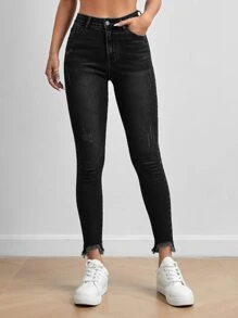 SHEIN PETITE Schmale Jeans mit Katzenkratzer unbearbeitetem Saum