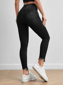 SHEIN PETITE Schmale Jeans mit Katzenkratzer unbearbeitetem Saum