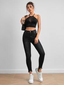 SHEIN PETITE Schmale Jeans mit Katzenkratzer unbearbeitetem Saum