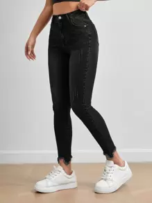 SHEIN PETITE Schmale Jeans mit Katzenkratzer unbearbeitetem Saum
