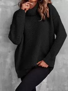 EMERY ROSE Turtleneck Drop Shoulder Pointelle Knit Jumper - Black - View 3