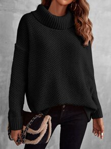 EMERY ROSE Turtleneck Drop Shoulder Pointelle Knit Jumper - Black - View 4