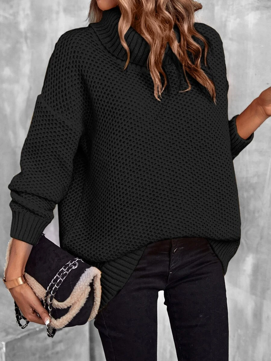 EMERY ROSE Turtleneck Drop Shoulder Pointelle Knit Jumper - Black - View 1