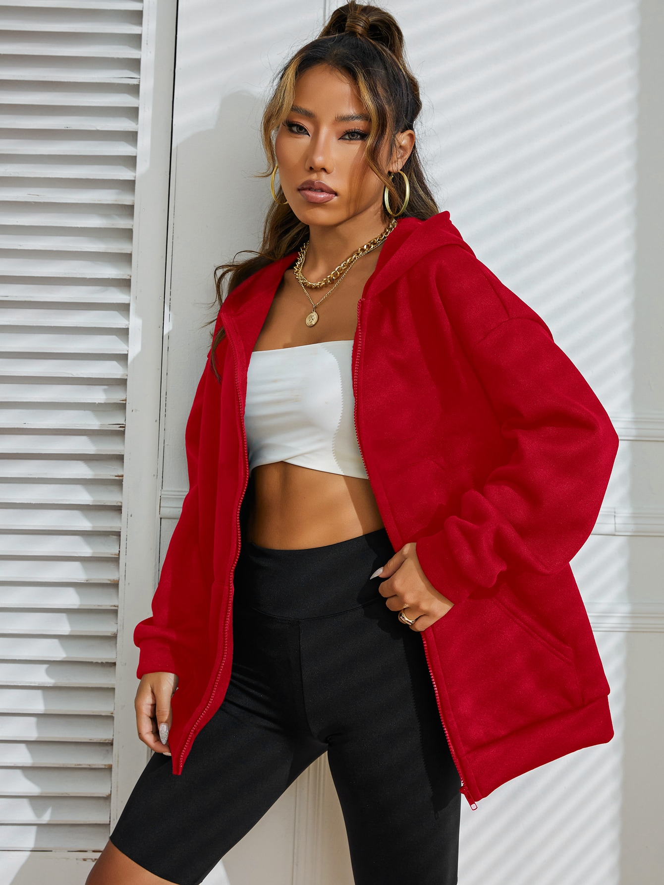 Shein drop shoulder zipper up hooded sweatshirt Clearance