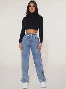 SHEIN PETITE High Waist Straight Leg Jeans - Medium Wash - View 3