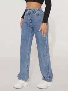 SHEIN PETITE High Waist Straight Leg Jeans - Medium Wash - View 4