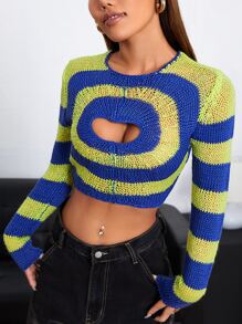 SHEIN ICON Striped Pattern Cut Out Front Crop Jumper - Multicolor - View 5