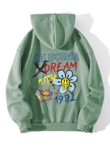 SHEIN EZwear 花卉和字母圖案袋鼠口袋抽繩保暖連帽衫 - 薄荷綠 - 查看 1
