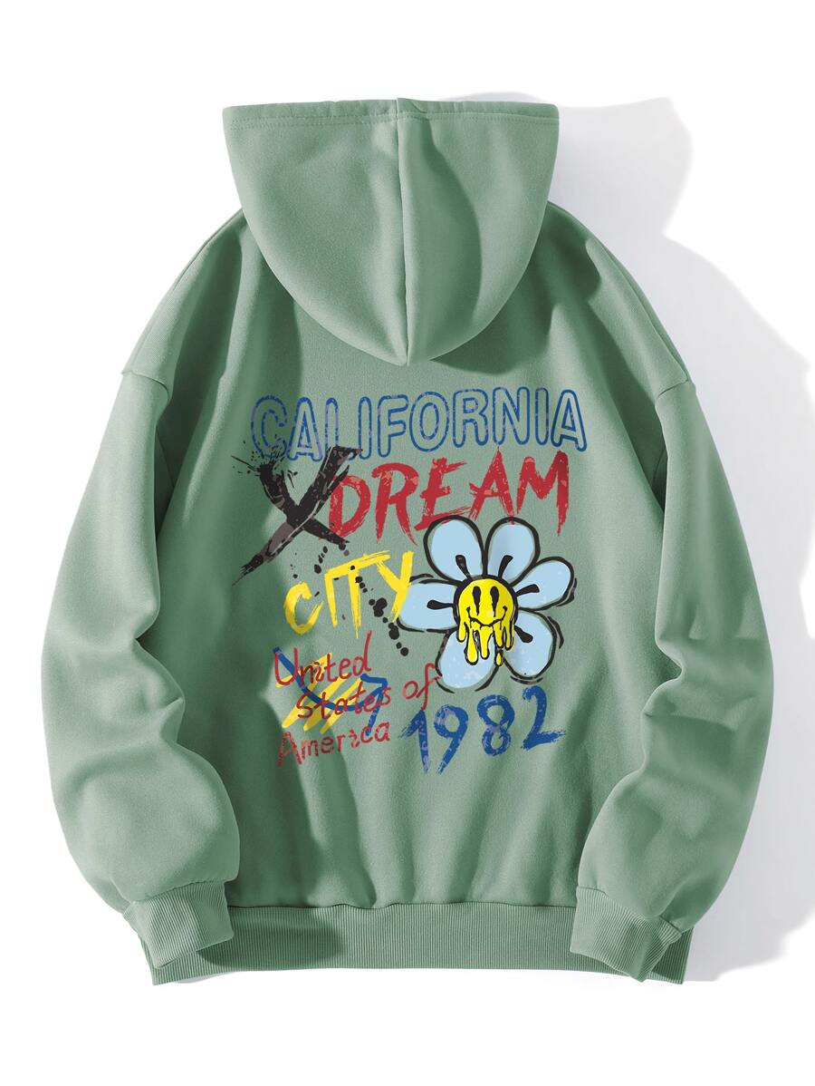 SHEIN EZwear 花卉和字母圖案袋鼠口袋抽繩保暖連帽衫 - 薄荷綠 - 查看 1