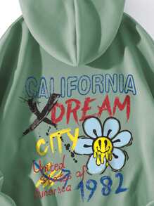 SHEIN EZwear 花卉和字母圖案袋鼠口袋抽繩保暖連帽衫 - 薄荷綠 - 查看 3