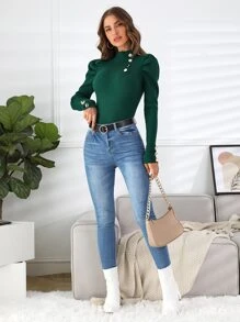 SHEIN Frenchy Button Detail Gigot Sleeve Jumper - Dark Green - View 3