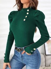 SHEIN Frenchy Button Detail Gigot Sleeve Jumper - Dark Green - View 4