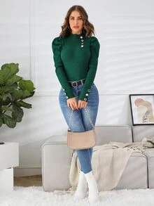 SHEIN Frenchy Button Detail Gigot Sleeve Jumper - Dark Green - View 5
