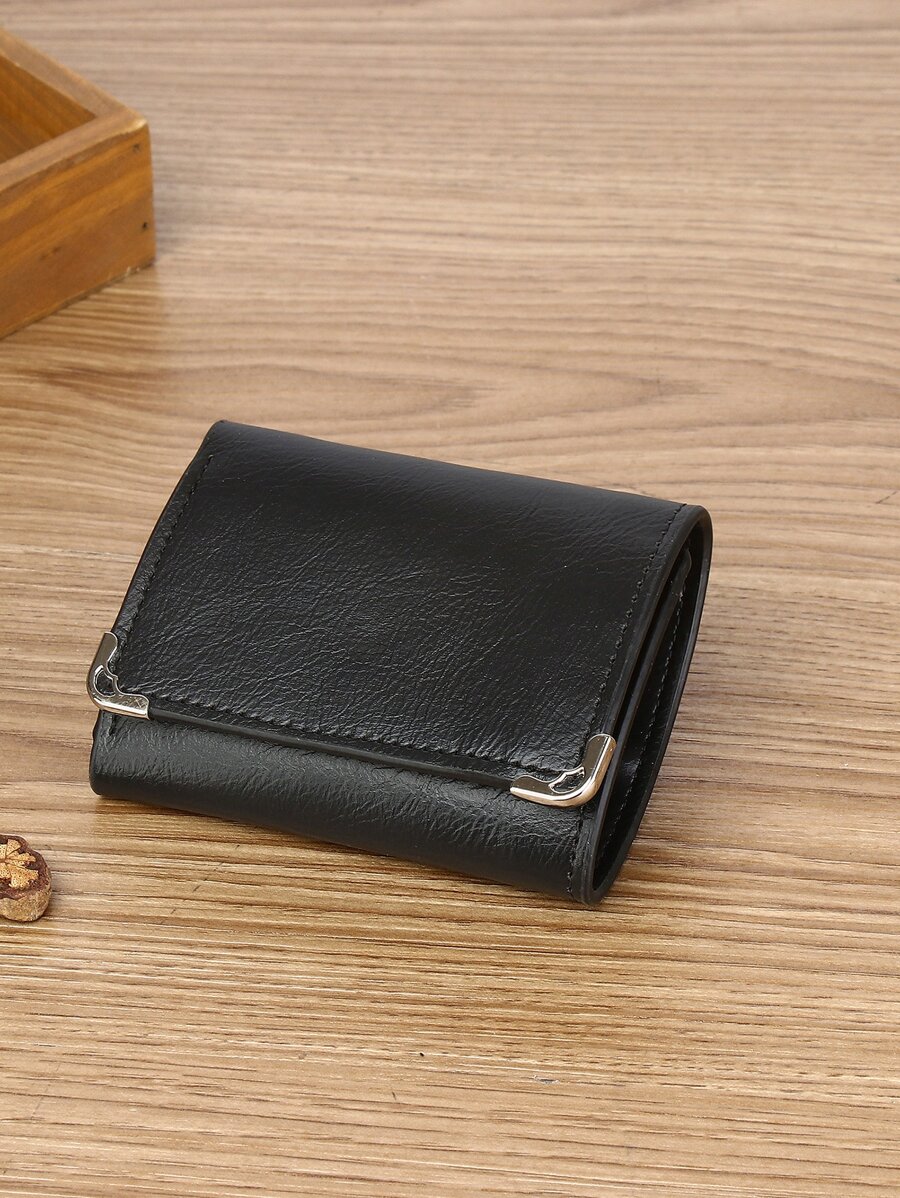 男士金屬裝飾短皮夾 - 黑色 - 查看 1