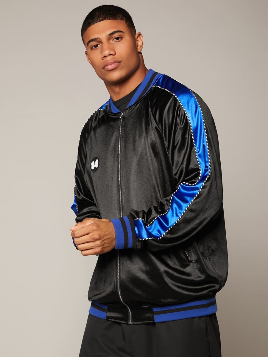 Manfinity Hypemode 男士數字貼布細節拼接側縫飛行員夾克 - 黑色 - 查看 1