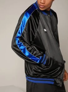 Manfinity Hypemode 男士數字貼布細節拼接側縫飛行員夾克 - 黑色 - 查看 8
