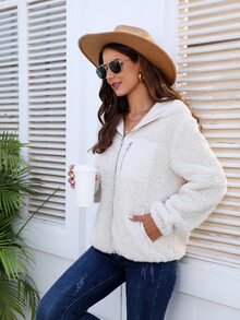 Zip Pocket Hooded Teddy Jacket - White - View 6