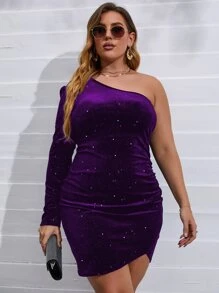 Allurite Plus One Shoulder Tulip Hem Velvet Bodycon Dress - Purple - View 5