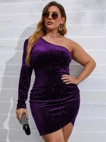 Allurite Plus One Shoulder Tulip Hem Velvet Bodycon Dress - Purple - View 6