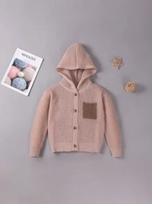 Boys Contrast Panel Pocket Patched Hooded Cardigan - Apricot - View 1