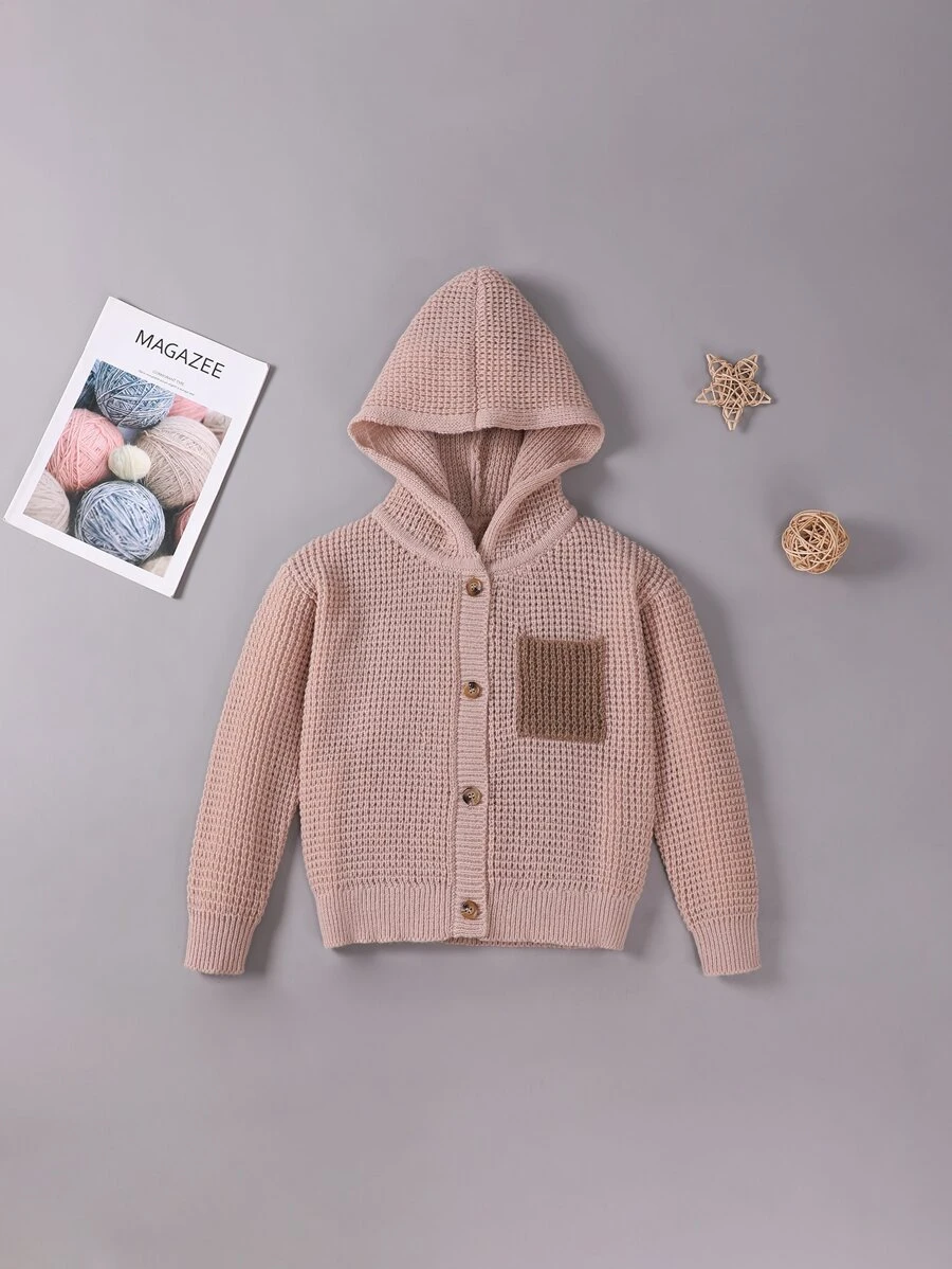Boys Contrast Panel Pocket Patched Hooded Cardigan - Apricot - View 1