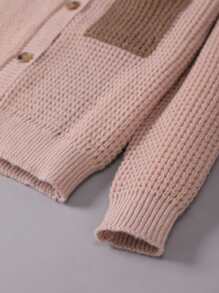 Boys Contrast Panel Pocket Patched Hooded Cardigan - Apricot - View 4