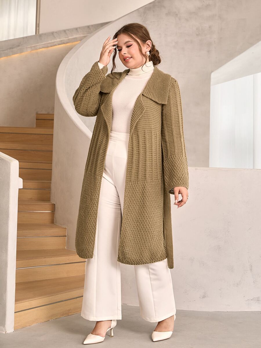 Mulvari Plus Solid Belted Cardigan - Khaki - View 1